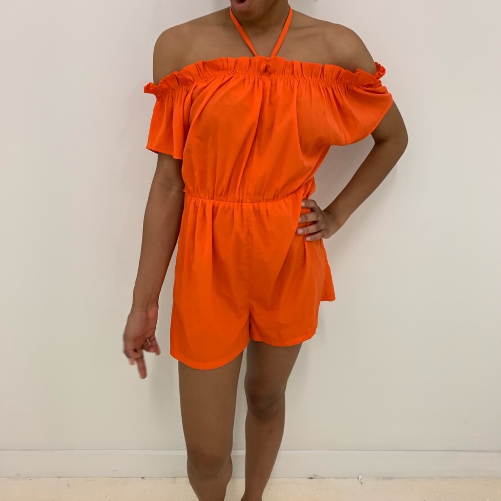 Orange Ruffle Off Shoulder Romper